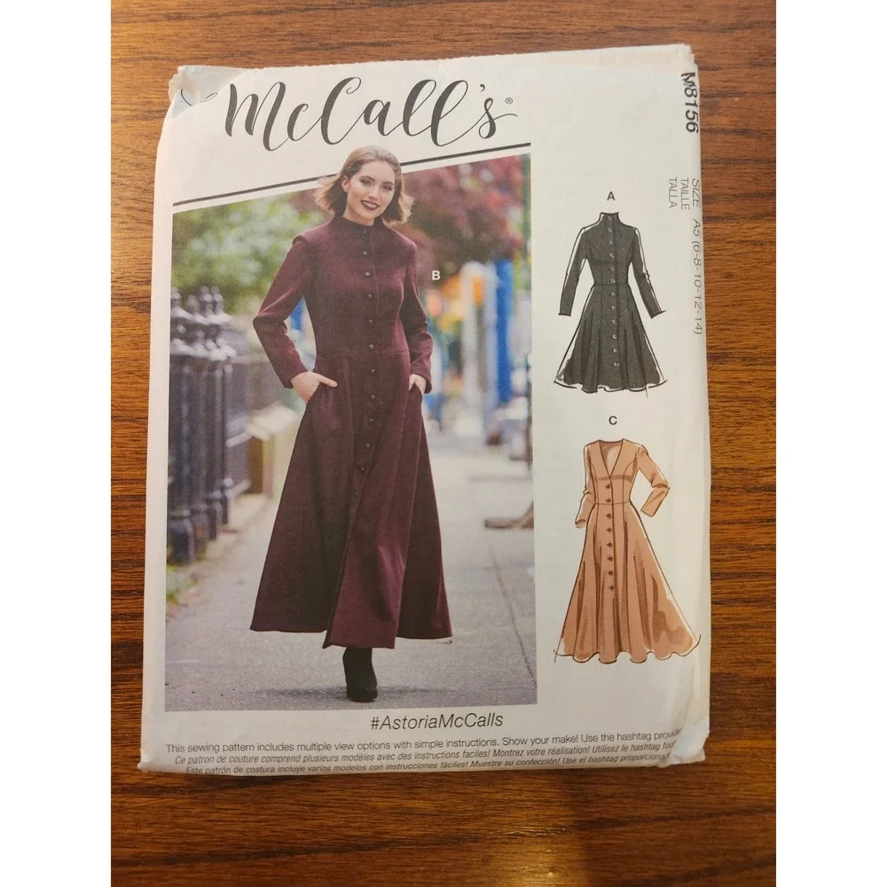 McCalls M8156 Astoria Misses Coat Sewing Pattern 6-14 Button Front Long Coat